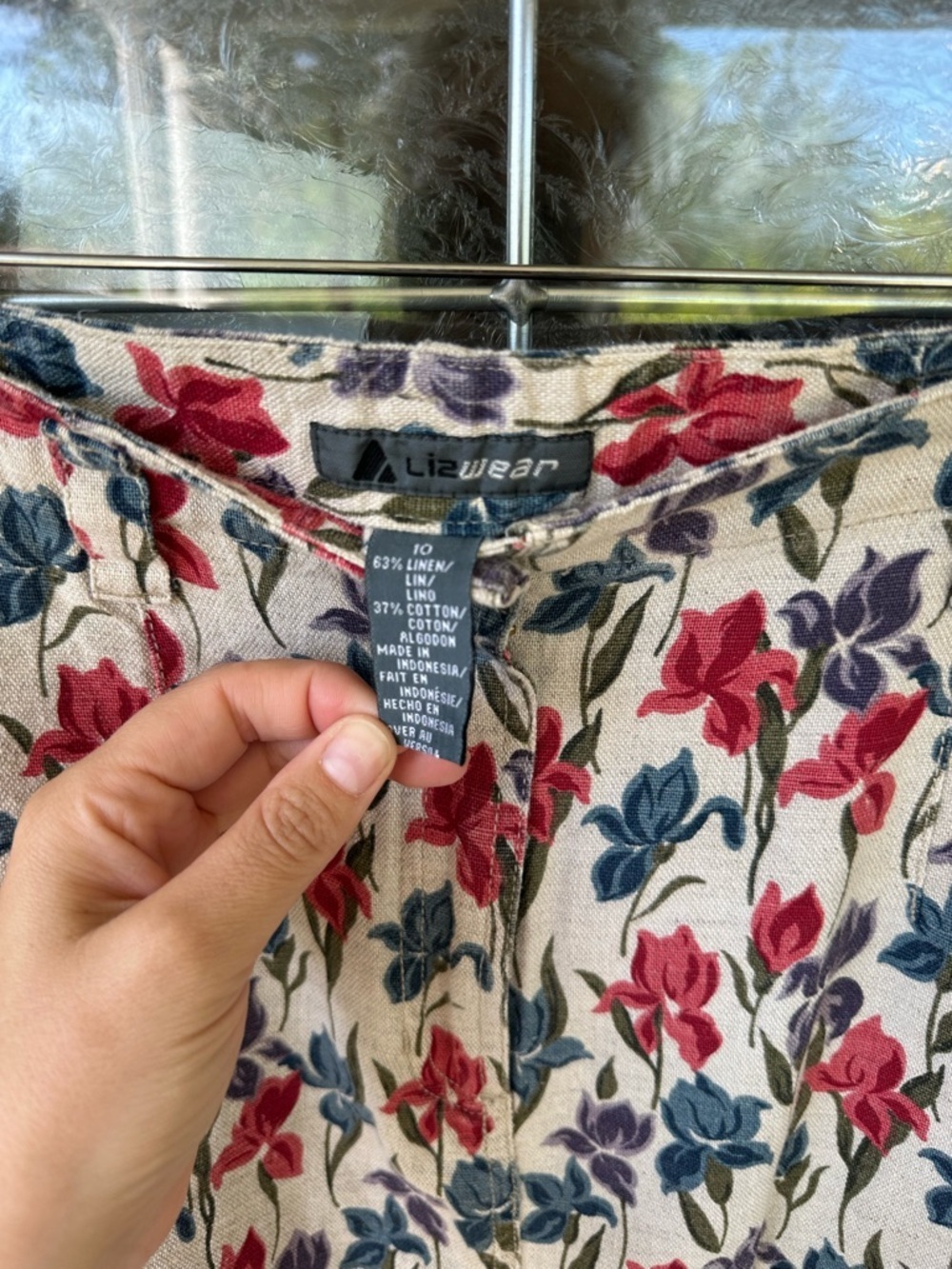 Vtg Lizwear Floral Cotton Linen Mini Skirt Size 10 Pockets Red Blue Purple Tan - Picture 4 of 5